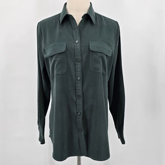 Chico's Button Front Blouse Women's 1 US 8/10 Green Long Sleeve Flap Pockets - Picture 2 of 6